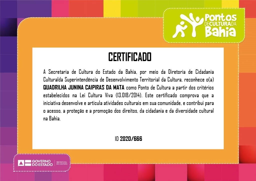 Certificado da Quadrilha Junina Caipiras da Mata